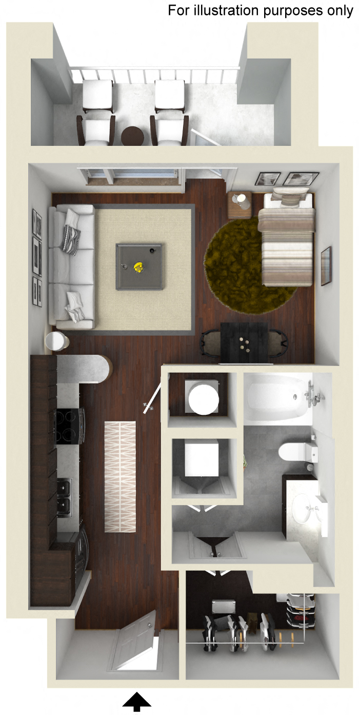 Floor plan for studio, 1 bath, 545 sqft